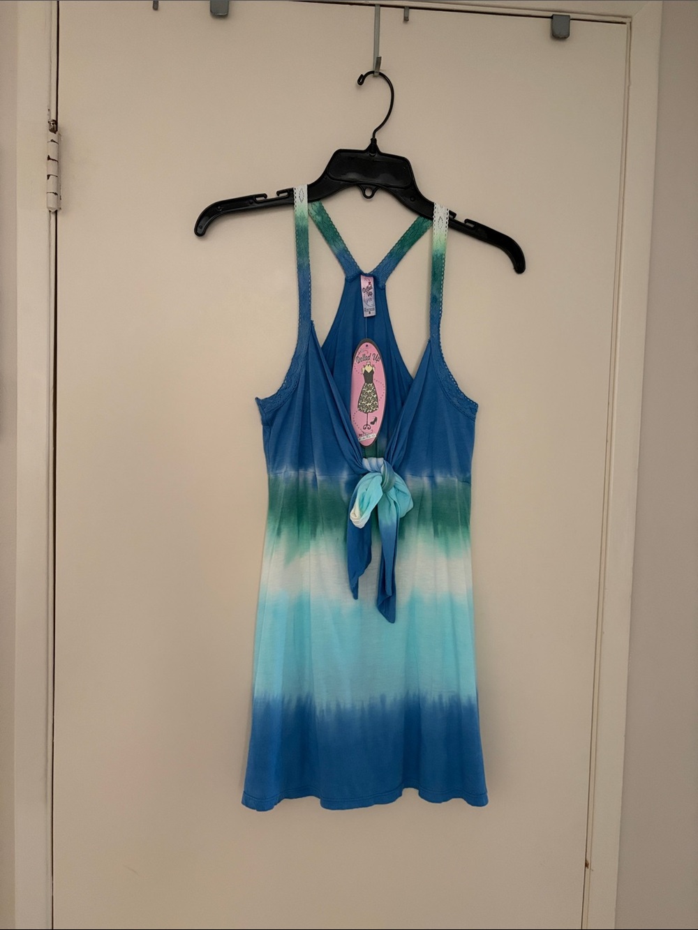 FANG Blue Green Knit Tie-Front Racer Back Tank Top with lace trim! M